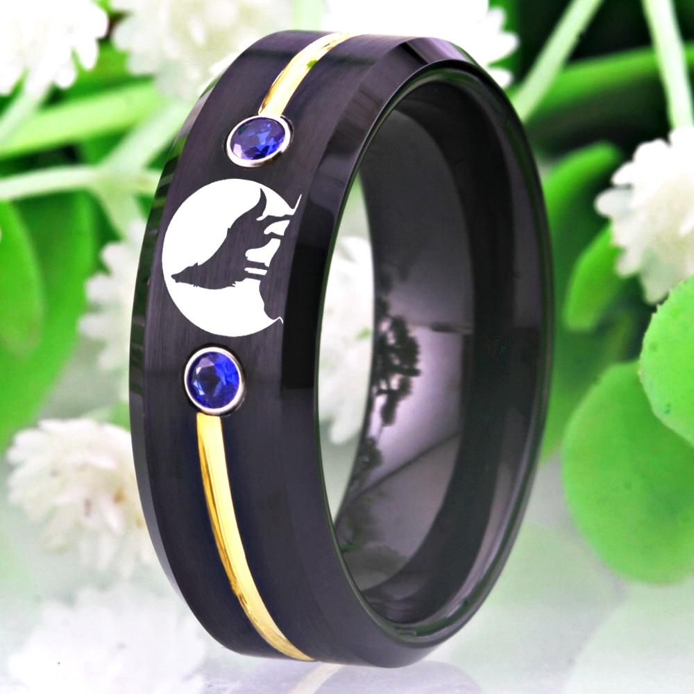 8mm Black Wolf Howling Blue Stones Tungsten Mens Ring