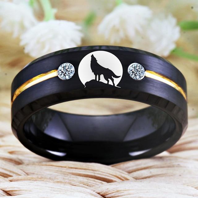 8mm Black Wolf Howling Clear Stones Tungsten Unisex Ring