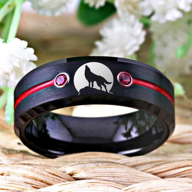 8mm Black Wolf Howling Red Stones Tungsten Mens Ring