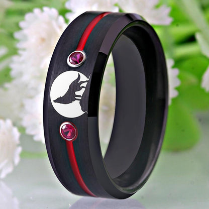 8mm Black Wolf Howling Red Stones Tungsten Mens Ring