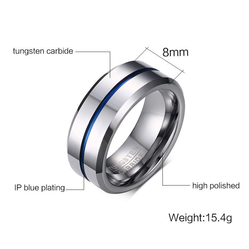 8mm Black, Yellow or Blue Centre Lines Tungsten Mens Ring