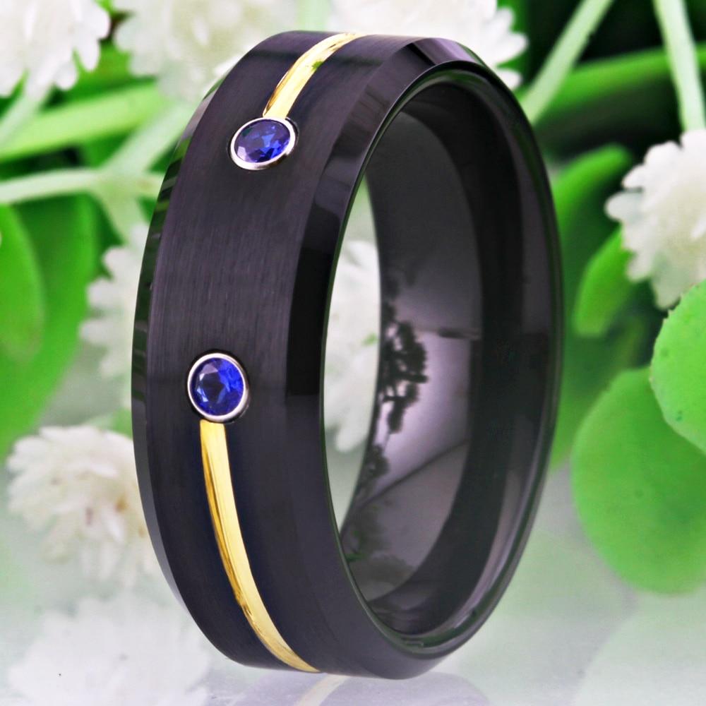 8mm Black & Yellow With Blue Cubic Zirconias Tungsten Mens Ring