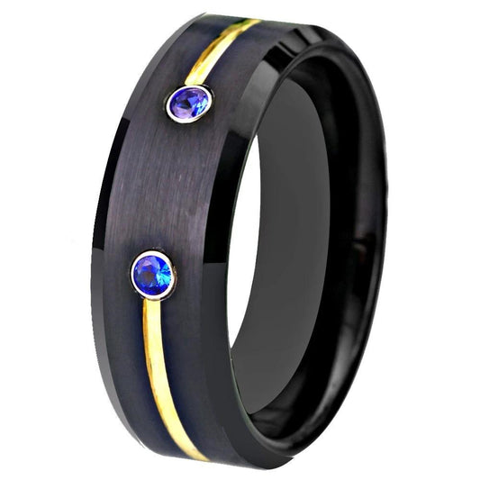 8mm Black & Yellow With Blue Cubic Zirconias Tungsten Mens Ring