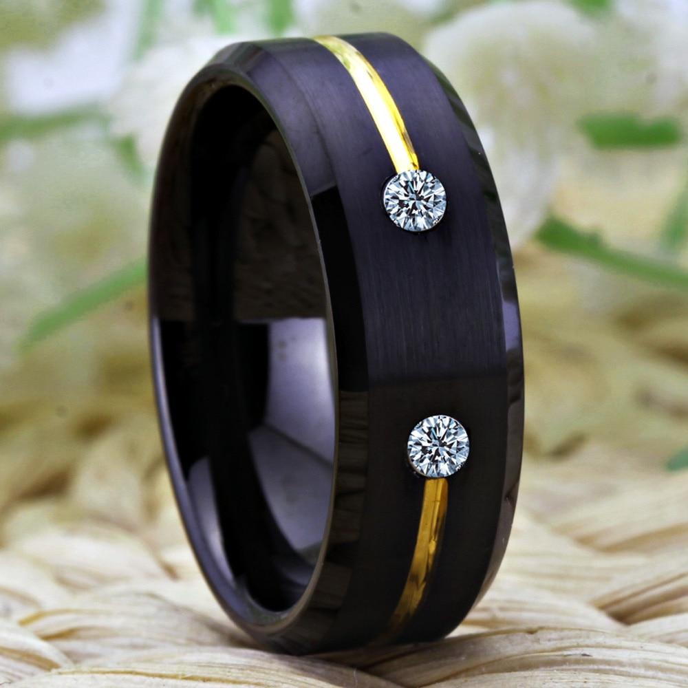 8mm Black & Yellow With Clear Cubic Zirconias Tungsten Mens Ring
