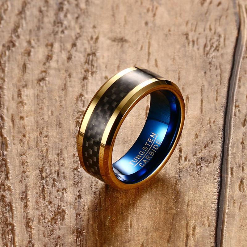 8mm Blue and Gold Plated Black Tungsten Mens Ring
