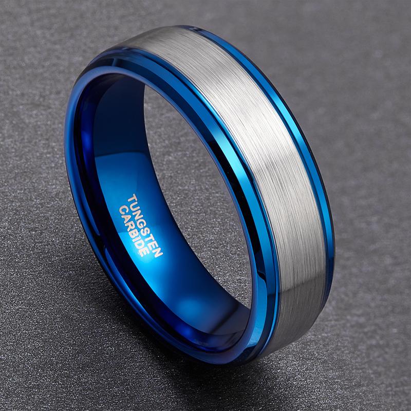 8mm Blue and Silver High Polish Tungsten Mens Ring