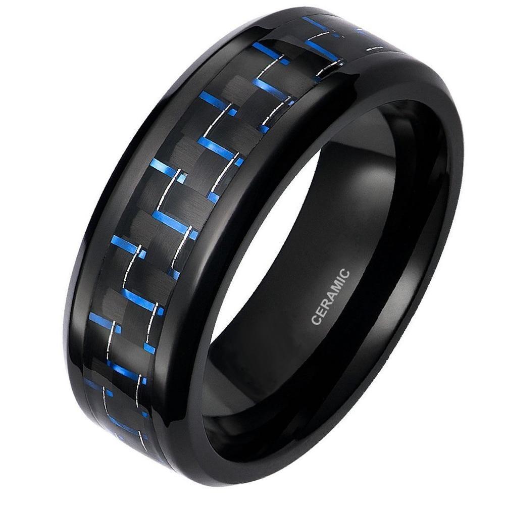 8mm Blue & Black Carbon Fiber Inlay Ceramic Mens Ring