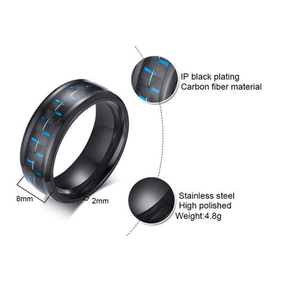 8mm Blue & Black Carbon Fiber Inlay Stainless Steel Mens Ring