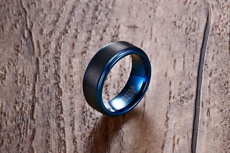 8mm Blue Black Matte Brushed Tungsten Mens Ring