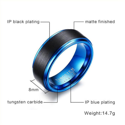 8mm Blue Black Matte Brushed Tungsten Mens Ring