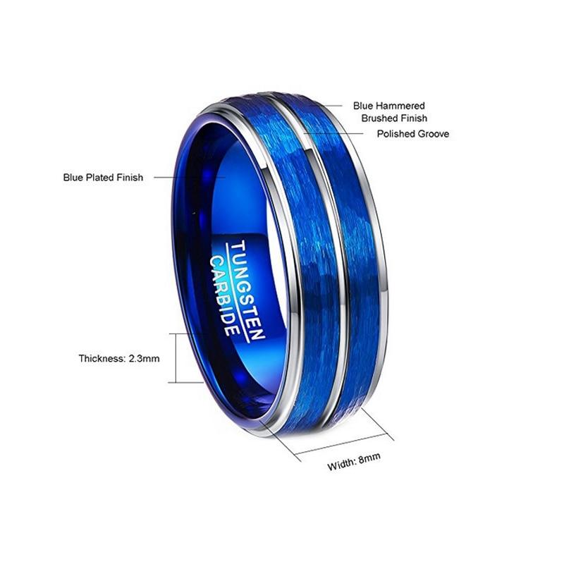 8mm Blue Brushed Hammered & Silver Inlay Tungsten Mens Ring