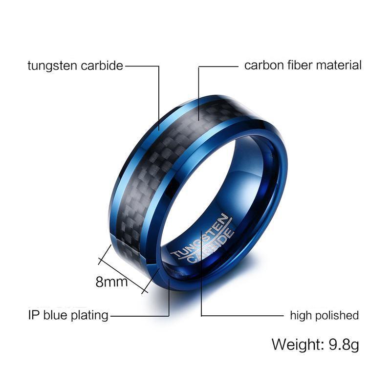 8mm Blue Carbon Fiber Tungsten Mens Ring