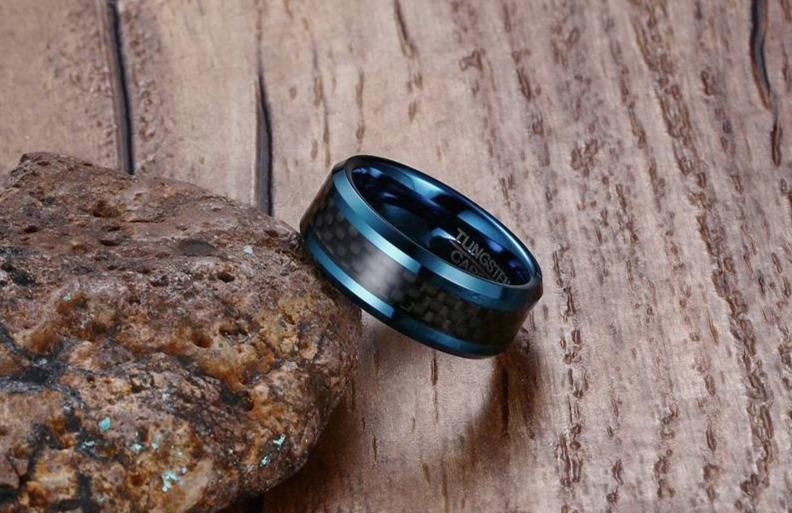 8mm Blue Carbon Fiber Tungsten Mens Ring