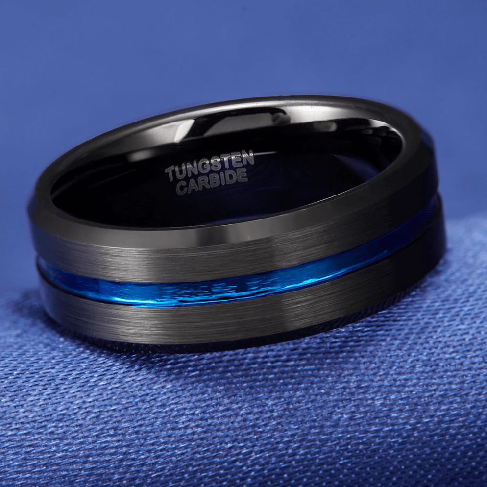 8mm Blue Centre Groove Black Brushed Tungsten Mens Ring