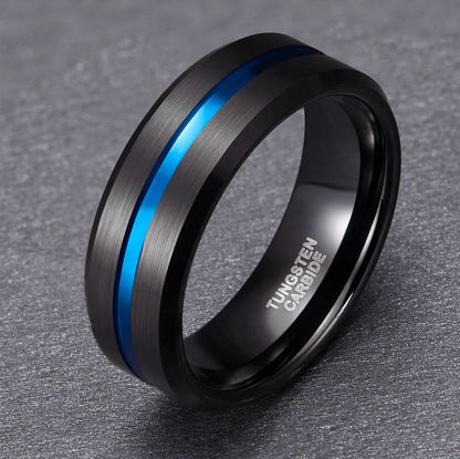 8mm Blue Centre Groove Black Brushed Tungsten Mens Ring