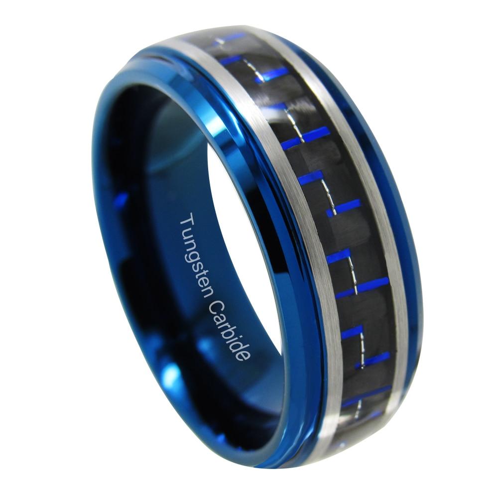 8mm Blue Double Silver Band Mens Ring