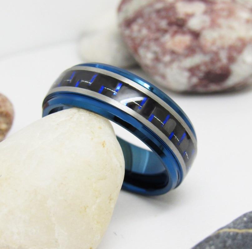 8mm Blue Double Silver Band Mens Ring