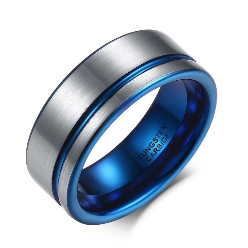 8mm Blue Line Brushed Surface Tungsten Mens Ring