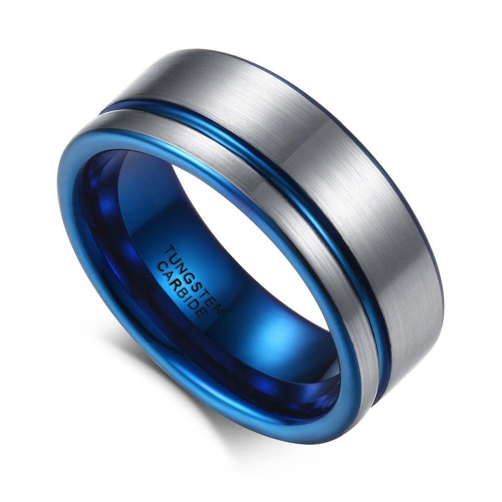 8mm Blue Line Brushed Surface Tungsten Mens Ring
