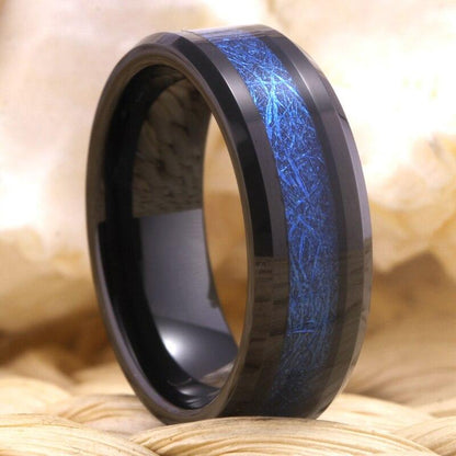 8mm Blue Meteorite Tungsten Unisex Ring