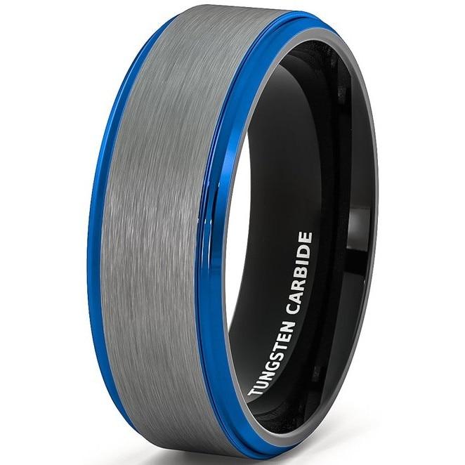 8mm Blue Polished Edge & Silver Matte Mens Ring