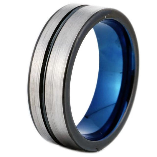 8mm Blue, Silver & Black Groove Tungsten Mens Ring