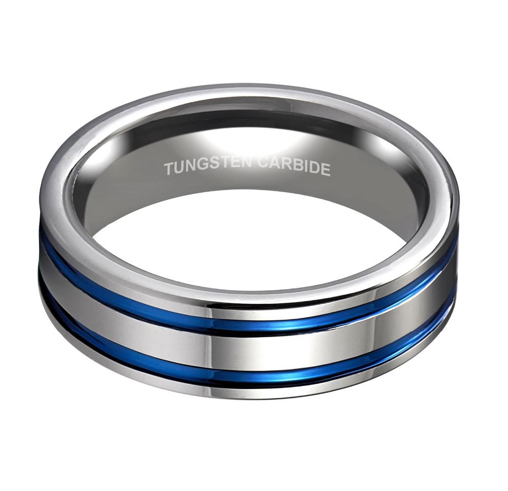 8mm Blue Stripes Polished Silver Tungsten Mens Ring