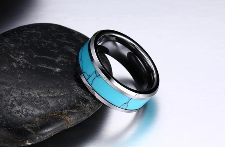 8mm Blue Turquoise & Silver Tungsten Unisex Ring