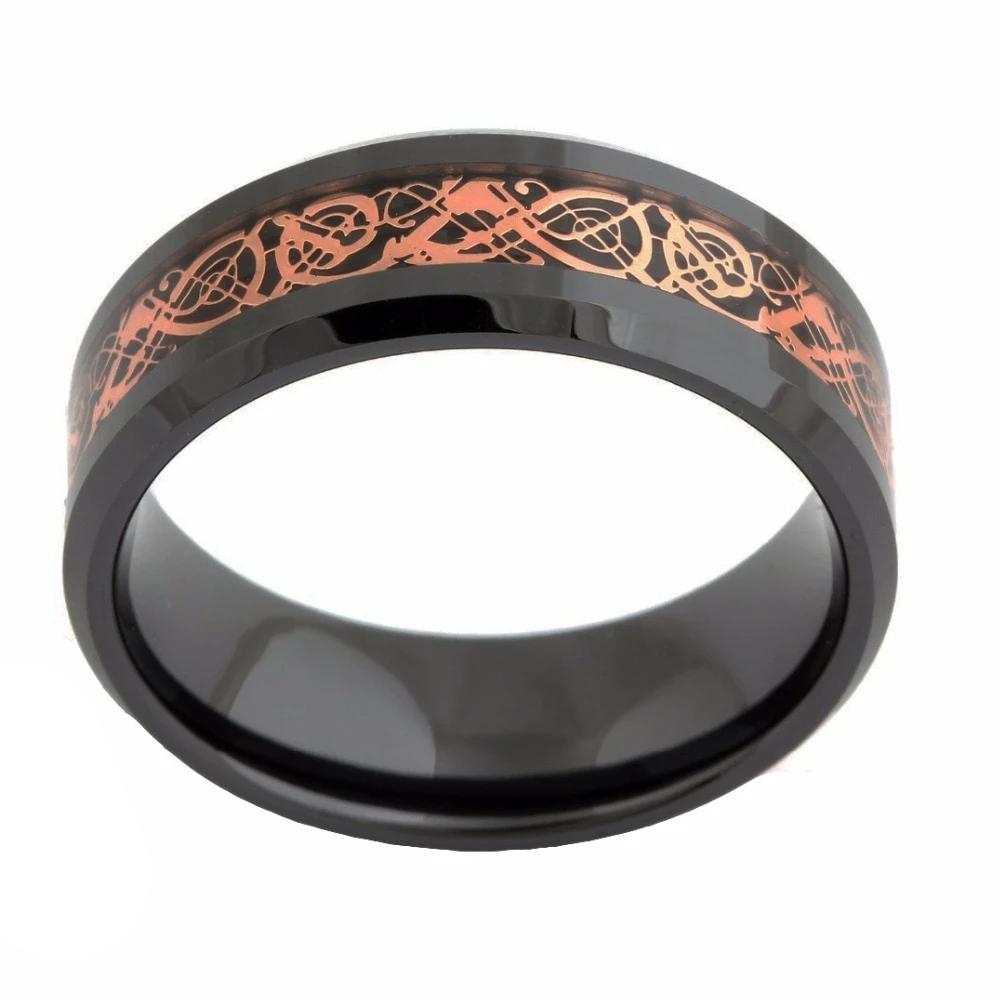 8mm Celtic Red Golden Dragon Black Ceramic Unisex Ring