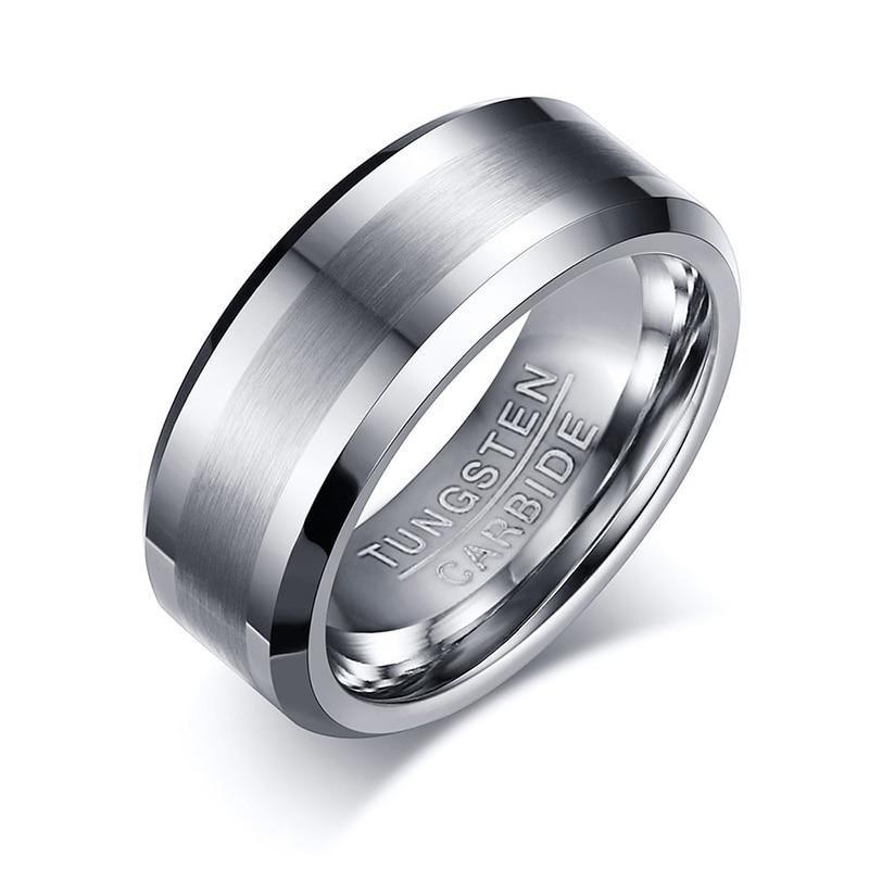 8mm Centre Brushed Silver Tungsten Mens Ring