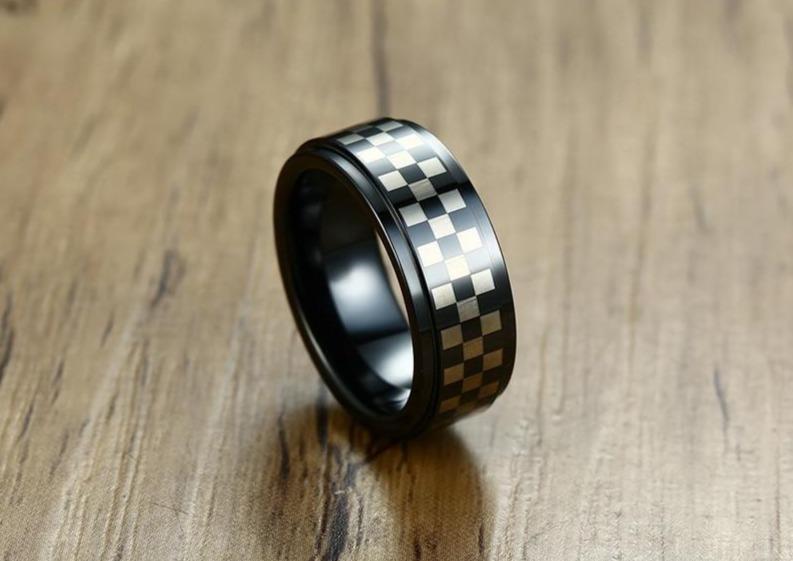 8mm Checkerboard Grid Black Tungsten Men's Ring