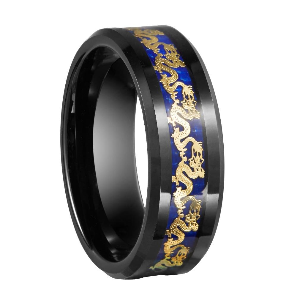 8mm Chinese Traditional Golden Dragon Blue & Black Mens Ring