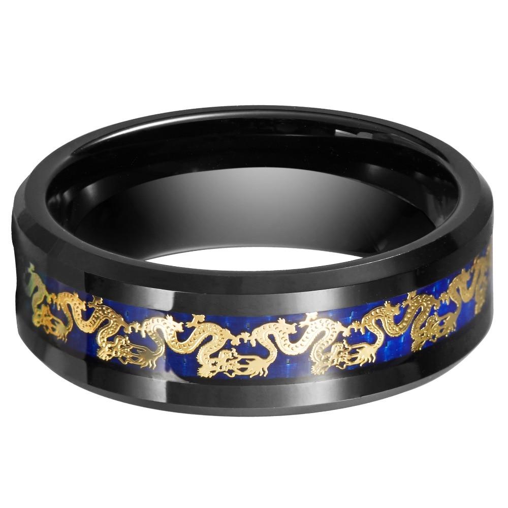 8mm Chinese Traditional Golden Dragon Blue & Black Mens Ring