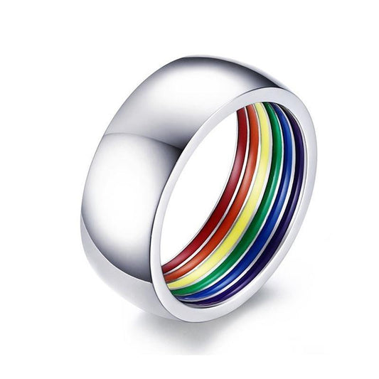 8mm Colorful Inner Rainbow Stainless Steel Silver Unisex Ring