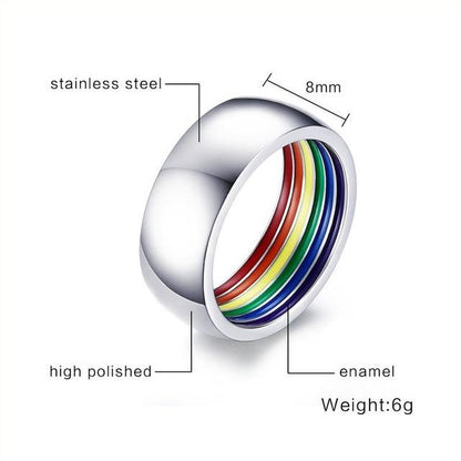 8mm Colorful Inner Rainbow Stainless Steel Silver Unisex Ring