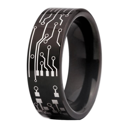 8mm Computer Circuit Board Design Black Gamer Mens Ring