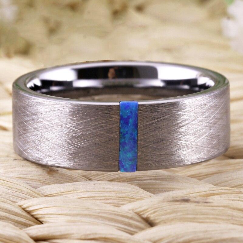 8mm Created Blue Opal Stone Silver Brushed Tungsten Mens Ring
