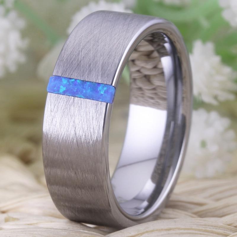 8mm Created Blue Opal Stone Silver Brushed Tungsten Mens Ring