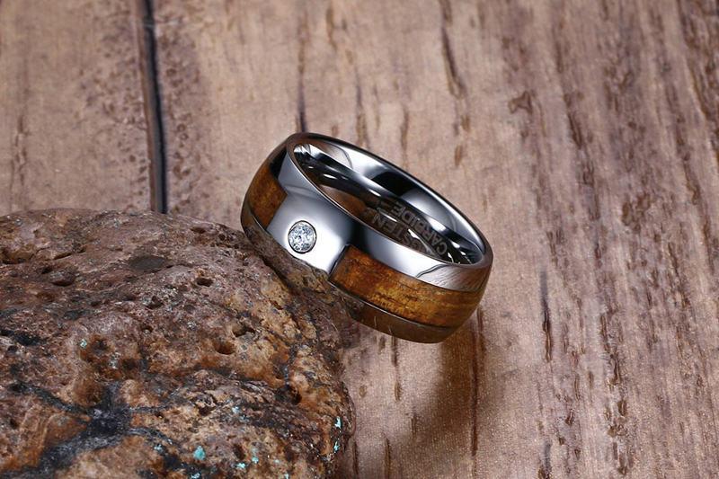 8mm Cubic Zirconia, Wood & Silver Tungsten Mens Ring
