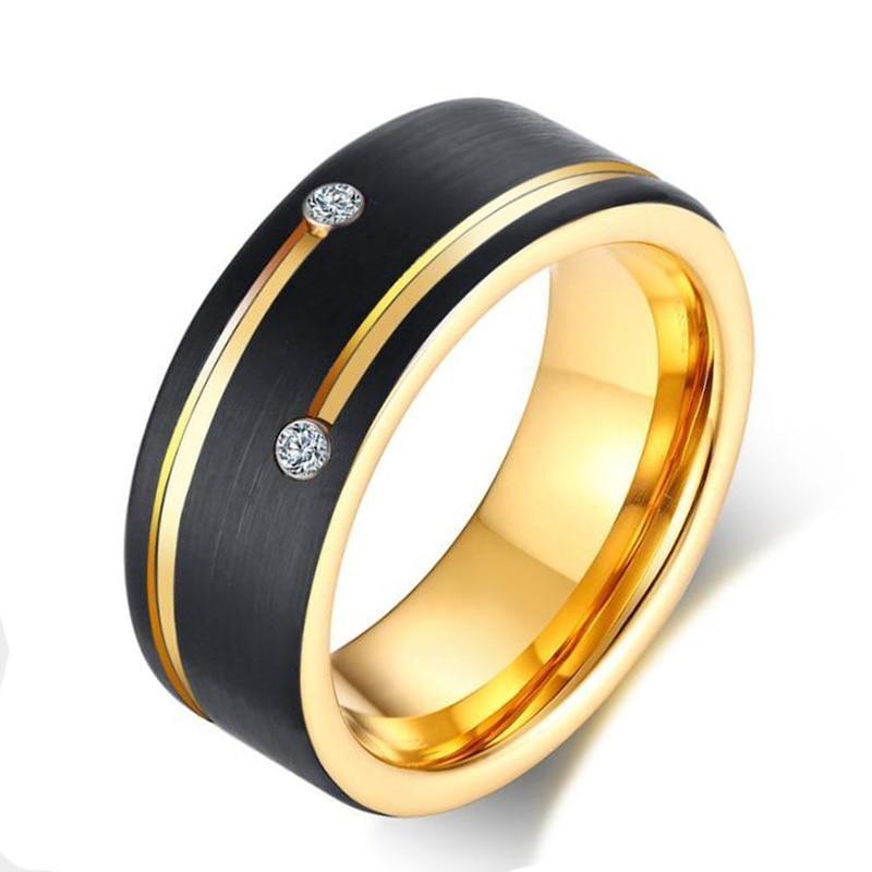 8mm Double Cubic Zirconia Black & Gold Color Tungsten Mens Ring - 1 Engraving