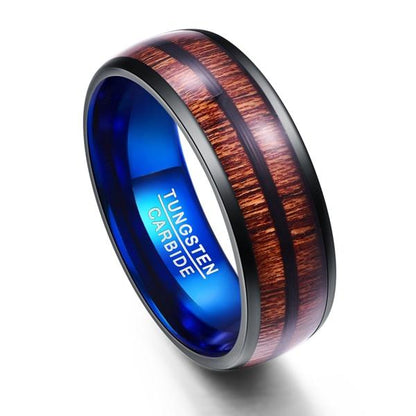 8mm Double Inlaid Acacia Wood & Blue Tungsten Mens Ring