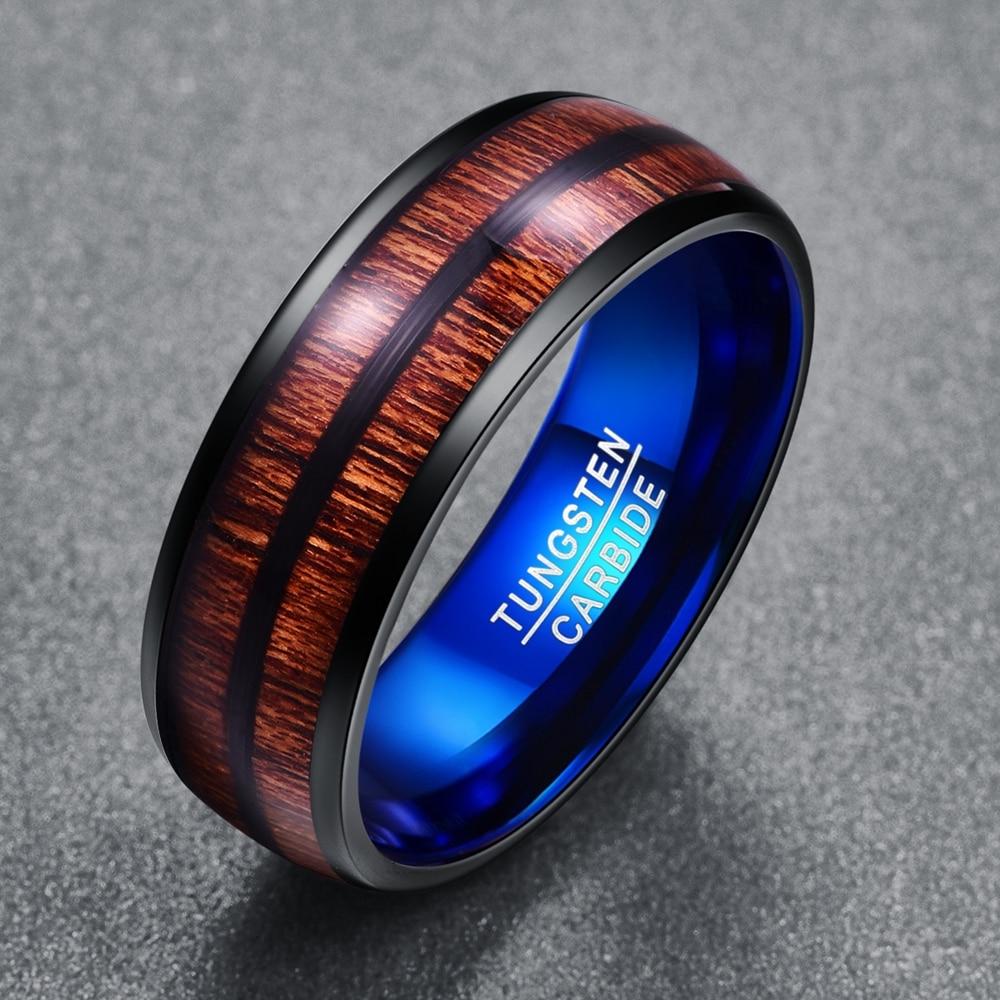 8mm Double Inlaid Acacia Wood & Blue Tungsten Mens Ring
