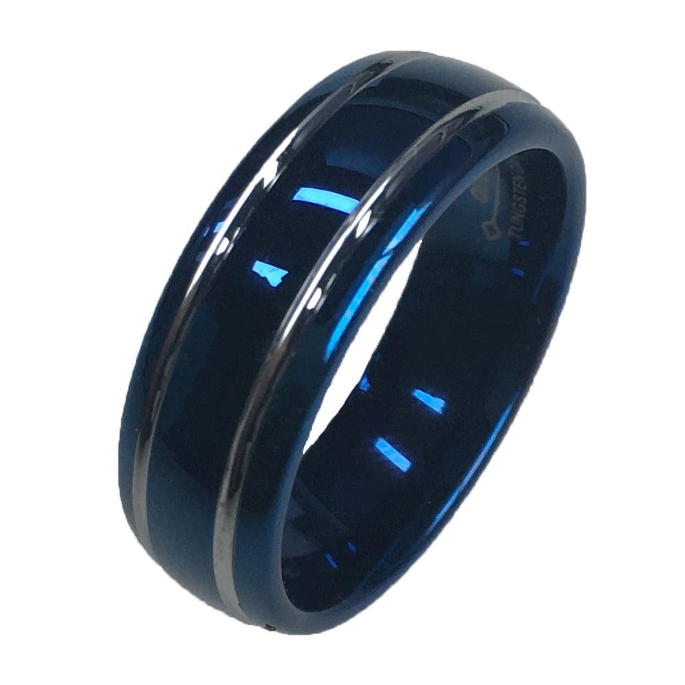 8mm Double Silver Groove Blue Tungsten Mens Ring