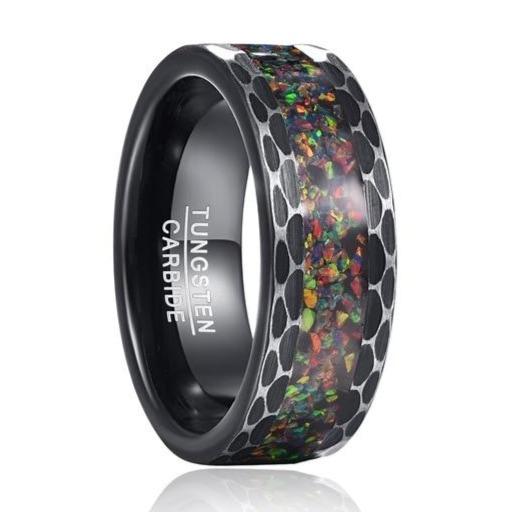 8mm Flower Brushed & Inlaid Synthetic Opal Tungsten Mens Ring