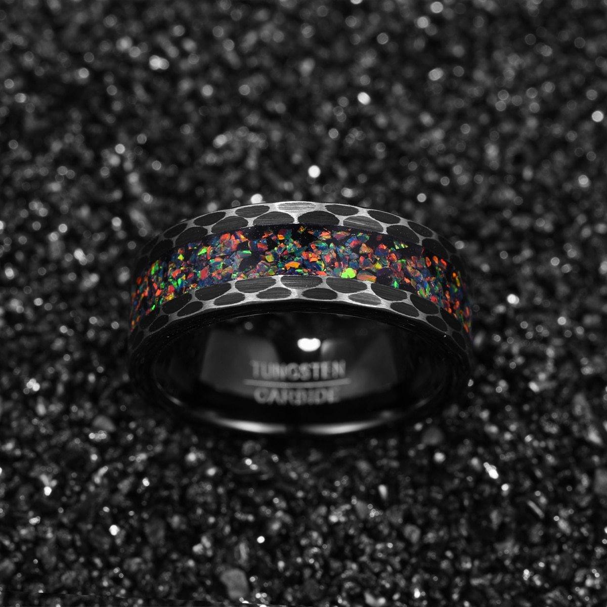 8mm Flower Brushed & Inlaid Synthetic Opal Tungsten Mens Ring
