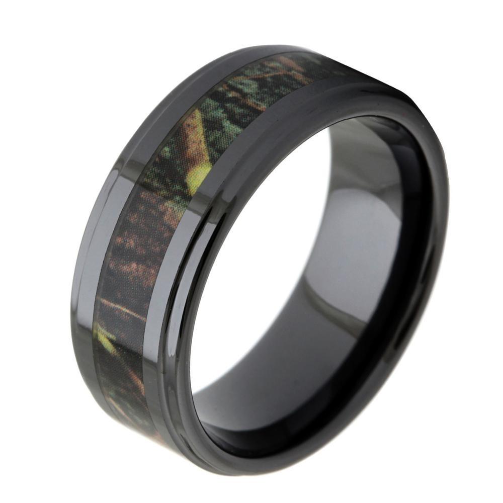 8mm Forest Nature Camo Inlay Black Ceramic Mens Ring