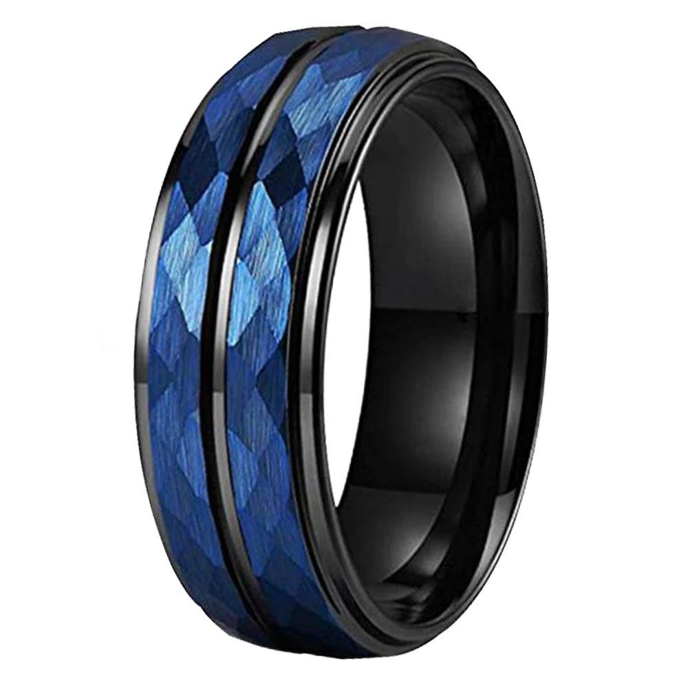 8mm Hammered Shiny Blue & Black Tungsten Mens Ring