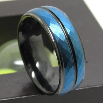 8mm Hammered Shiny Blue & Black Tungsten Mens Ring