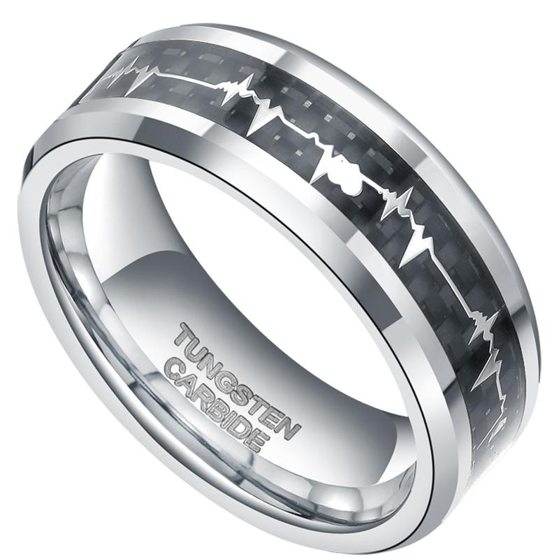 8mm Heartbeat Cardiogram Silver Tungsten Mens Ring