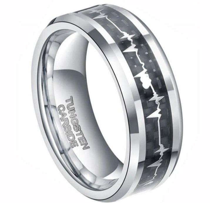 8mm Heartbeat Cardiogram Silver Tungsten Mens Ring
